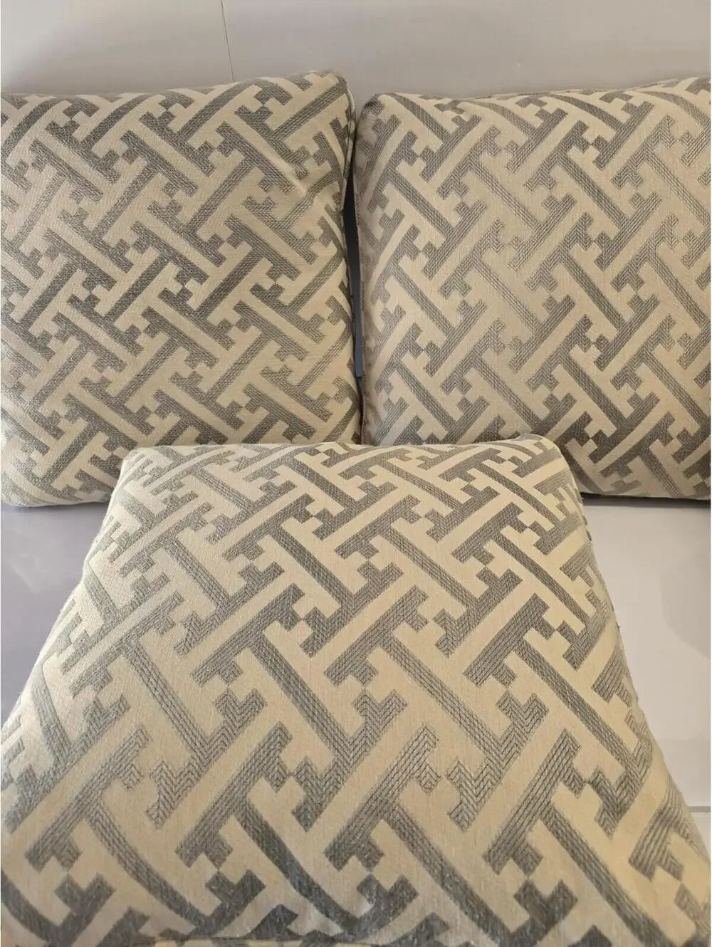 Set of 3 Geometric Fretwork Jacquard‎ Throw Pillows Beige Grey Square Accent